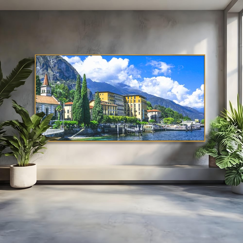 Tablou canvas cu peisaj urban pe malul lacului, in rama de aluminiu auriu